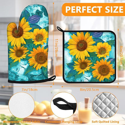 Sunflower Oven Mitts and Pot Holders Sets 4Pcs,Extra Long Oven Gloves Potholder for Kitchen Cooking Baking BBQ 100% Cotton Heat Resistant - Image 2