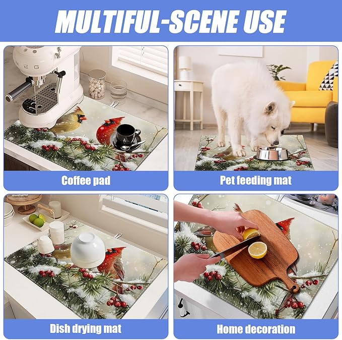 Winter Cardinal Bird Dish Drying Mat for Kitchen Counter Snow Drying Pad Absorbent Reversible Dish Drainer Rack Mats Draining Pad 18"x24"Inch - Image 7