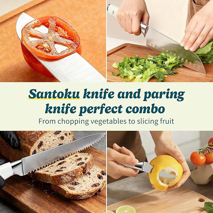 Knife Set, 15 Piece Premium Chef High Carbon Stainless Steel Kitchen Knife Block Set, Razor-sharp, Ergonomic Forged Triple Rivet Handle, Professional Knife Set for Kitchen, Dishwasher Safe(White) - Image 5