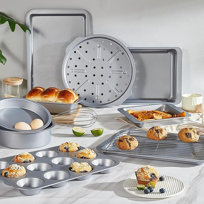 HONGBAKE Bakeware Sets, Baking Pans Set, Nonstick Oven Pan for Kitchen with Wider Grips, 10-Piece Including Rack, Cookie Sheet, Cake Pans, Loaf Pan, Muffin Pan, Pizza Pan - Sliver - Image 2
