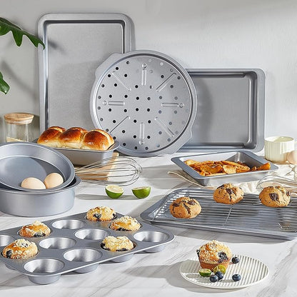 HONGBAKE Bakeware Sets, Baking Pans Set, Nonstick Oven Pan for Kitchen with Wider Grips, 10-Piece Including Rack, Cookie Sheet, Cake Pans, Loaf Pan, Muffin Pan, Pizza Pan - Sliver - Image 2