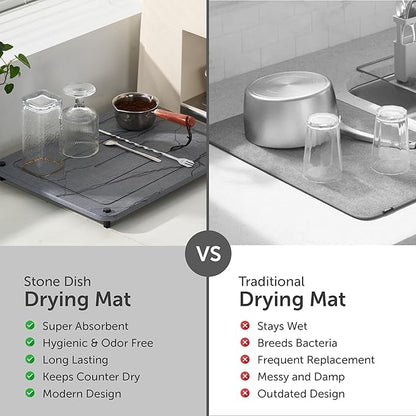 Stone Dish Drying Mat for Kitchen Counter, Quick Dry Stone Dishes Mats, Stones Drying Mat for Kitchen Counter, Water Absorbing Diatomaceous Earth Drying Mat (Dark Gray 15.7x11.8" & 8"x4")