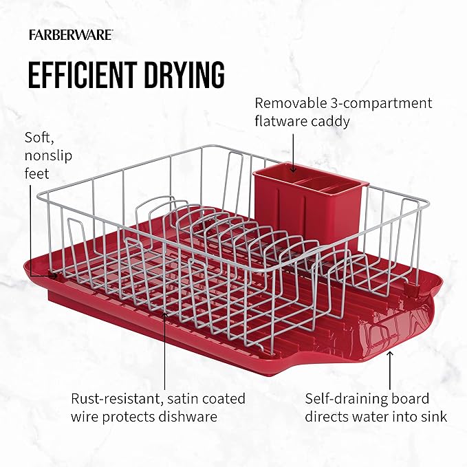 Farberware Classic Large Rust Resistant Full Dishrack with Removable 3 Compartment Flatware Caddy, Andlged Drain Board, 3-Piece, Red - Image 9