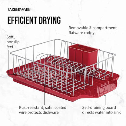 Farberware Classic Large Rust Resistant Full Dishrack with Removable 3 Compartment Flatware Caddy, Andlged Drain Board, 3-Piece, Red - Image 9