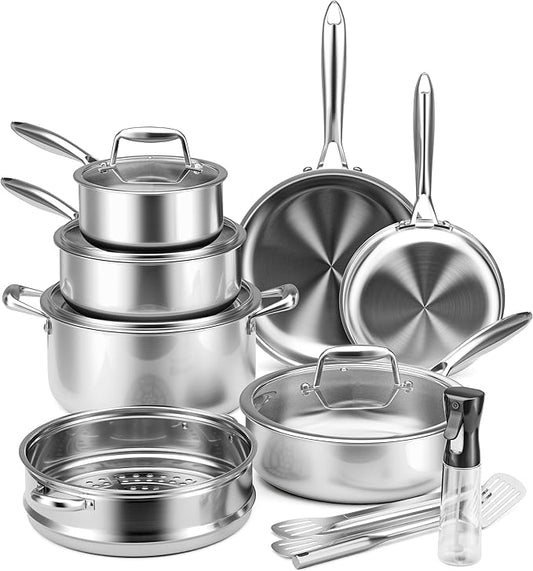 Stainless Steel Cookware Set - VONIKI Tri-ply Stainless Pots And Pans Set with Steamer Basket, Non Toxic Induction Cookware, Kitchen Cookware Sets PFOA & PTFE Free, Dishwasher and Oven Safe by VONIKI