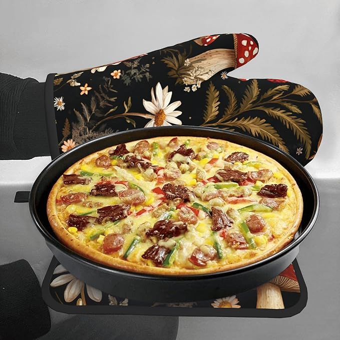Mushroom Oven Mitt Pot Holder Set Vintage Floral BBQ Cooking Gloves with Loop Baking Grilling Kitchen Gifts for Spring Summer - Image 7
