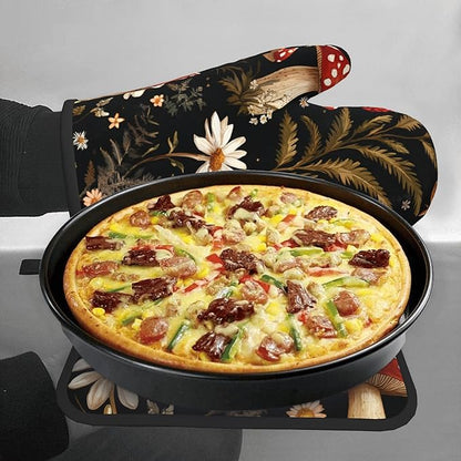 Mushroom Oven Mitt Pot Holder Set Vintage Floral BBQ Cooking Gloves with Loop Baking Grilling Kitchen Gifts for Spring Summer - Image 7