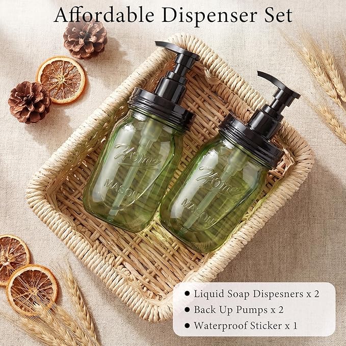 Amolliar Plastic Mason Jar Soap Dispenser with Pump Lid,16OZ Refillable Hand Soap Dispenser Set with Cute Lables - Farmhouse Decor for Kitchen Bathroom, Liquid Soap, Dish Soap, Lotion (2 Pack, Green) - Image 6