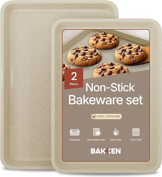 Diamond Bottom Cookie Sheet Set of 2, Nonstick White Marble Carbon Steel Baking Pans for Crisp Baking, Space-Saving Stackable Trays, PFOA, PFOS, PTFE Free, Oven Safe Up to 450°F, Small & Medium Pans by Unknown