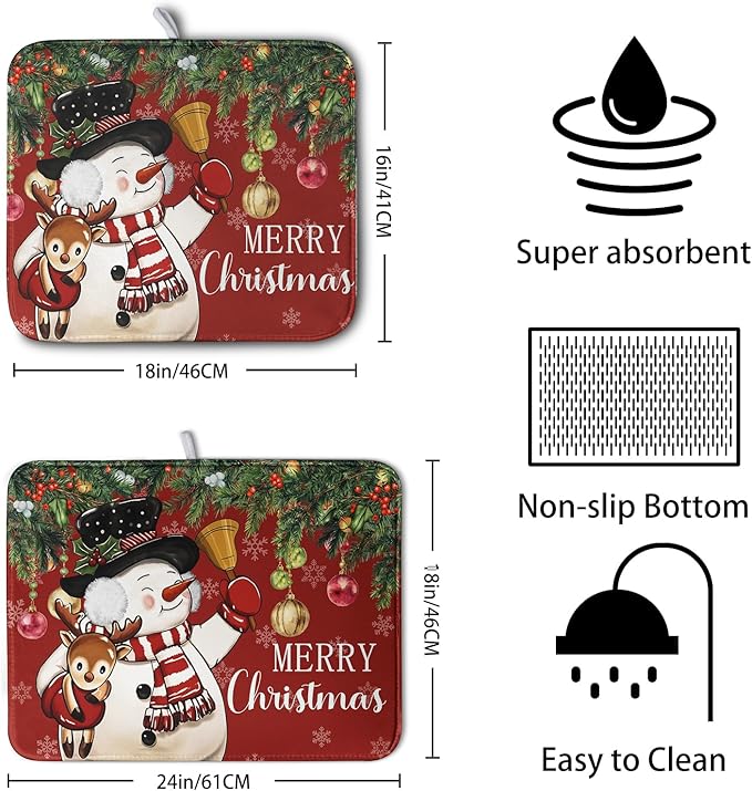 Christmas Dish Drying Mats for Kitchen Counter 16x18 Cute Snowman Red Dish Drying Pad for Dishes Winter Xmas Holiday Dish Draining Mat Absorbent Microfiber Dish Drainer Rack Mats - Image 2