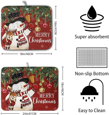 Christmas Dish Drying Mats for Kitchen Counter 16x18 Cute Snowman Red Dish Drying Pad for Dishes Winter Xmas Holiday Dish Draining Mat Absorbent Microfiber Dish Drainer Rack Mats - Image 2