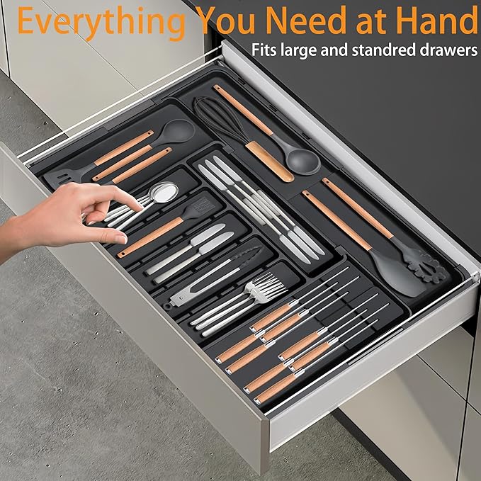 Homecor Silverware Organizer - Expandable Large Kitchen Drawer Organizer Utensil Organizer with 2 Removable Knife Blocks, 22"x 19"Cutlery Tray Drawer Dividers for Kitchen Flatware(6-9 Slots) (Black) - Image 9