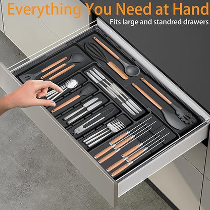 Homecor Silverware Organizer - Expandable Large Kitchen Drawer Organizer Utensil Organizer with 2 Removable Knife Blocks, 22"x 19"Cutlery Tray Drawer Dividers for Kitchen Flatware(6-9 Slots) (Black) - Image 9