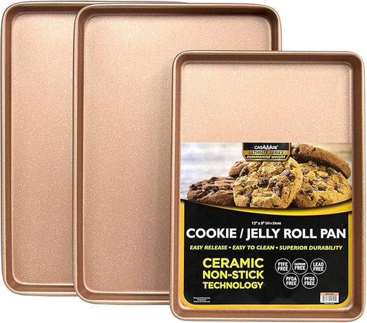 casaWare 3pc Ultimate Commercial Weight Cookie Sheet Set, Two 15 x 10-Inch Pans, One 13 x 9-Inch-Inch Pan (Rose Gold Granite) by casaWare