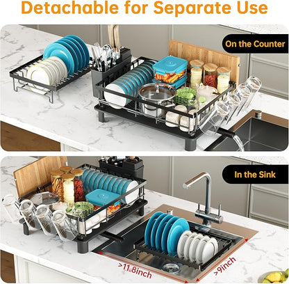 Dish Drying Rack, 2 Tier Dish Racks for Kitchen Counter, Compact Drying Rack Kitchen, Rust-Resistant Dish Drainer, Detachable Space-Saving Dish Rack with Drainboard, Utensil Holder, Black - Image 8