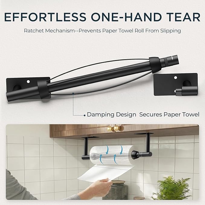 FORIOUS Paper Towel Holder Under Cabinet, Single Hand Operable with Adjustable Damping for Easy Tear, Adhesive or Drill Wall Mount, 304 Commercial Paper Towel Holder for Kitchen Bathroome, Matte Black - Image 2
