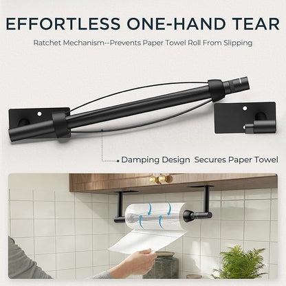FORIOUS Paper Towel Holder Under Cabinet, Single Hand Operable with Adjustable Damping for Easy Tear, Adhesive or Drill Wall Mount, 304 Commercial Paper Towel Holder for Kitchen Bathroome, Matte Black - Image 2