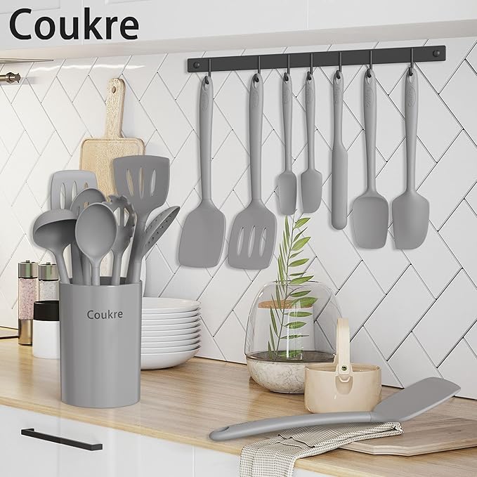Coukre Silicone Kitchen Cooking Utensils Set with Holder – Heat-Resistant, Food-Grade Kitchen Tools, Spatula, Spoon & Gadgets for Non-Stick Pans, Dishwasher Safe (14, PureGray) - Image 6