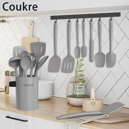 Coukre Silicone Kitchen Cooking Utensils Set with Holder – Heat-Resistant, Food-Grade Kitchen Tools, Spatula, Spoon & Gadgets for Non-Stick Pans, Dishwasher Safe (14, PureGray) - Image 6