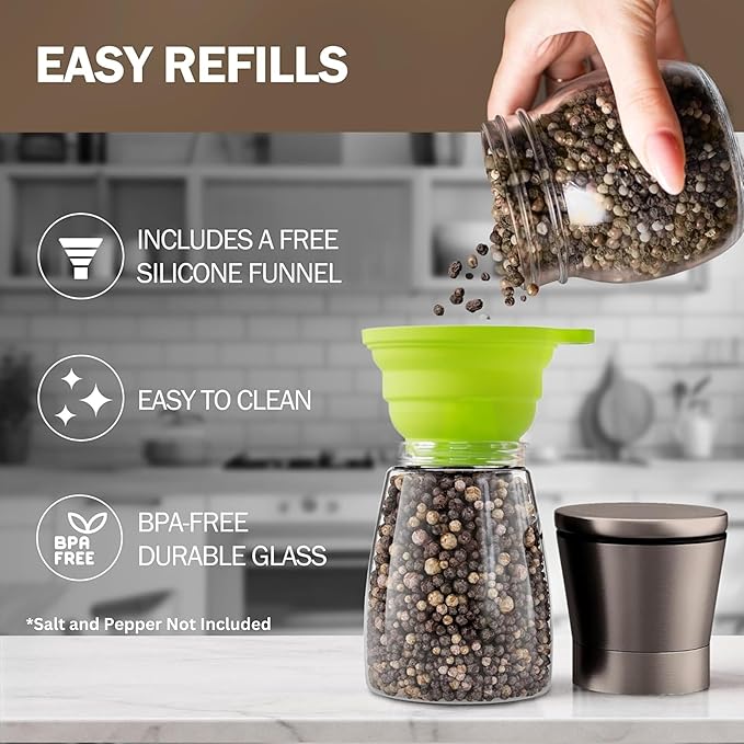 Home EC Original Gun Metal Bronze Salt and Pepper Grinder Set of 2 - Adjustable Ceramic Grinder - Glass Salt and Pepper Shakers With Funnel and Ebook - Spice Mill - Bronze Kitchen Accessories - Image 4