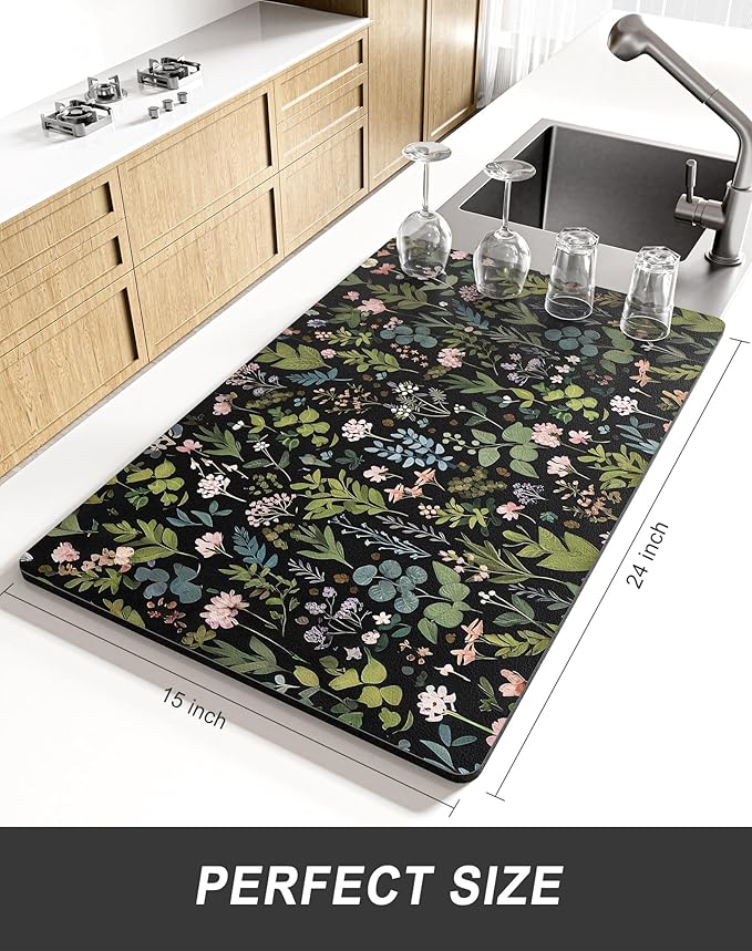 Rnivvi Dish Drying Mat for Kitchen Counter, XL 15 x 24" Cute Flower Theme Super Absorbent Drainer Pad, Non-Slip Heat Resistant Coffee Bar Mat for Coffee Machine Station Accessories,Black Dish Rack Pad - Image 2