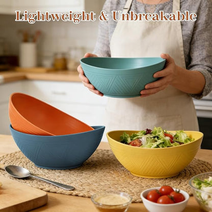 65 OZ Wheat Straw Bowls Set of 4, Large Unbreakable Salad Bowls, Microwave & Dishwasher Safe Big Serving Bowl, Plastic Kitchen Bowl for Popcorn, Cereal, Soup and Ramen (Multicolor)