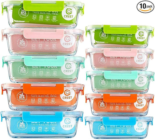 C CREST [10-Pack Glass Food Storage Containers (A Set of Five Colors), Meal Prep Containers with Lids for Kitchen, Home Use - Airtight Glass Lunch Boxes by CCREST