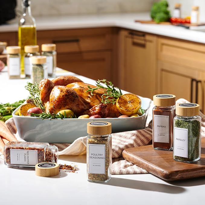 Glass Spice Jars with Label Set, Bamboo Lids & Funnel - Kitchen Airtight Storage Jars with Lids - Spices and Seasonings Sets Organizer, Spice Glass Jar with Lid Food Canister Bottle Sugar Shaker - Image 5