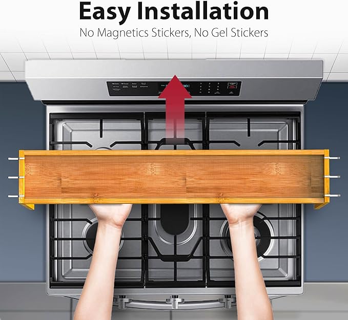 IIIOIIIA Bamboo Over the Stove Spice Shelf for Kitchen, 31.5" Spice Rack Organizer Shelf with 6 hooks, 11.4" Height Extra Storage Countertop, Easy to Assemble - Image 4