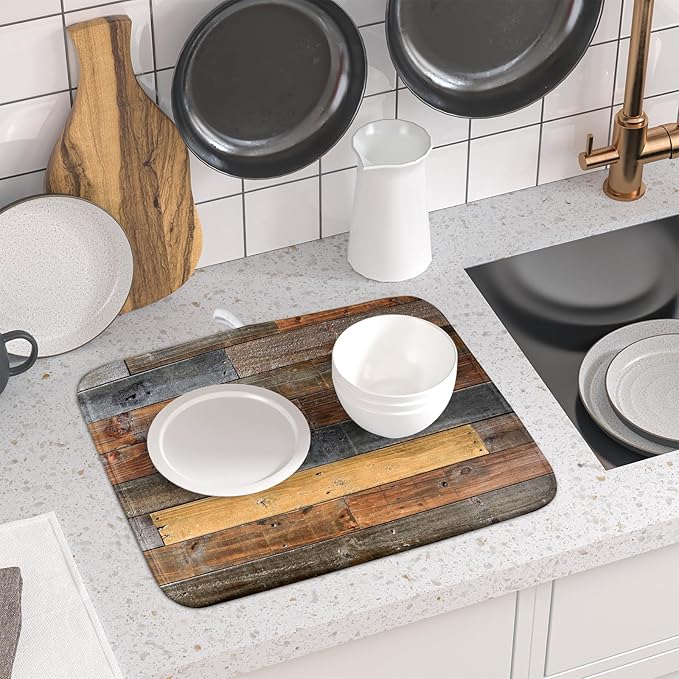 Giwawa Wood Grain Dish Drying Mat for Kitchen Countertop, Rustic Wooden Board Dish Drainer Mats, Vintage Country Style Barnwood Absorbent Reversible Microfiber Dish Drying Pad, 16x18 inches