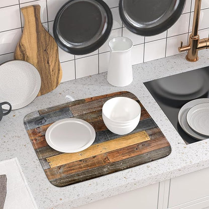 Giwawa Wood Grain Dish Drying Mat for Kitchen Countertop, Rustic Wooden Board Dish Drainer Mats, Vintage Country Style Barnwood Absorbent Reversible Microfiber Dish Drying Pad, 16x18 inches