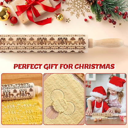 Stocking Stuffers Gifts for Women, Wooden Embossed Rolling Pin for Baking, Deep Engraved Embossing Rolling Pins with Christmas Elk Deer Pattern Designs for Baking Cookies Stamps Roller, DIY Tools - Image 7
