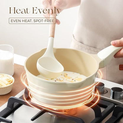 PRICUSIS Ceramic Nonstick Saucepan with Lid, 2.7 Quart Non Toxic Pot with Pour Spouts, Full Coated, 100% Dishwasher Safe, Induction Compatible & Oven Safe, PTFE PFAS & PFOA Free, Coconut White - Image 4