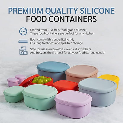 ISSEVE 12Pcs/Set Nesting Silicone Food Storage Containers with Lids, BPA Free Reusable Meal Prep Silicone Containers Airtight, Freezer Dishwasher Safe (33.8oz, 20oz, 10oz, 6.7oz, 1.3oz) (Purple)