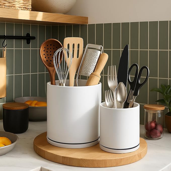 D'vine Dev 360° Rotating Utensil Holder Set – 7.2"+5" Kitchen Utensil Crocks for Countertop, Modern Cooking Tool Organizers for Kitchen Storage +Décor, White, Set of 2, 72-Z-A-1 - Image 5