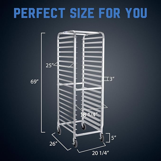 Profeeshaw Bun Pan Bakery Rack 20 Tier with Wheels, Aluminum Racking Trolley Storage for Half or Full Sheets