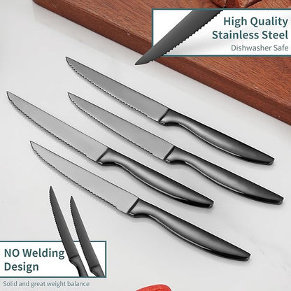 SuperCook Black Steak Knives of 12, High End Stainless Steel Steak Knives Set of 12, Dishwasher Safe Steak Knive, Serrated
