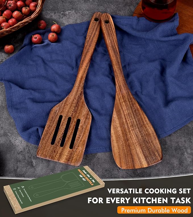 2Pcs Wooden Spatula, Acacia Wooden Spatula for Kitchen Use, Nonstick Cookware Safe Utensils Set including Turner and Slotted Turner, Ideal Cooking Utensils Gift Set for Cooking, Frying, Baking - Image 7
