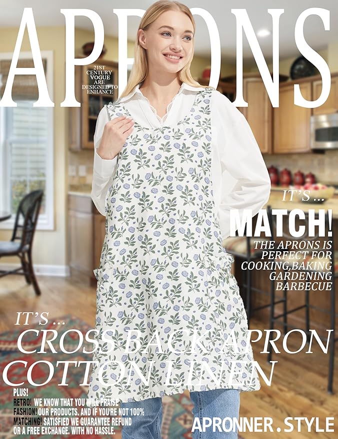 Cozy Adjustable Cross Back Aprons for Women with Pockets Cotton Linen Cooking Kitchen Baking