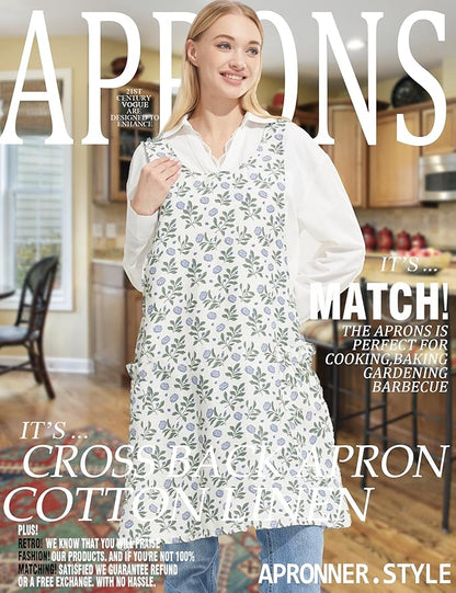 Cozy Adjustable Cross Back Aprons for Women with Pockets Cotton Linen Cooking Kitchen Baking