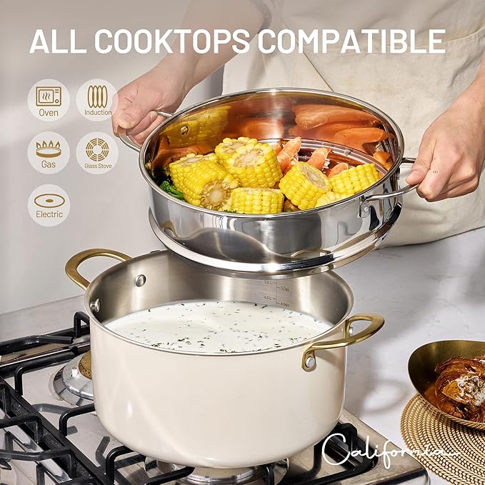 CAROTE 8QT Full Clad Tri Ply Stainless Steel Stock Pot with Lid, Kitchen Stockpot Soup Pot, Outer Ceramic Layer, Even Heating, All Stoves Compatible, Oven & Dishwasher Safe, Stay Cool Handle, White - Image 7
