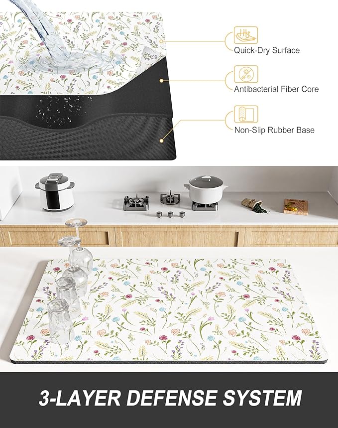 Rnivvi Dish Drying Mat for Kitchen Counter, 12 x 19" Cute Flower Theme Super Absorbent Draining Pad, Non-Slip Heat Resistant Coffee Bar Mat for Coffee Machine Station Accessories, White Dish Rack Pad - Image 4