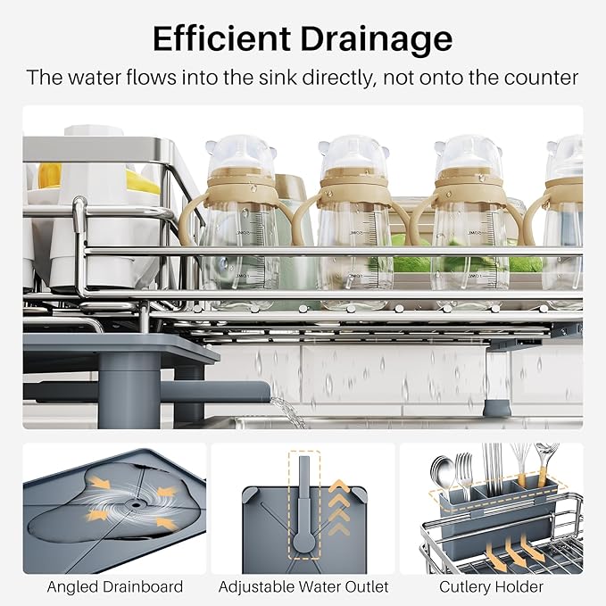 SNTD Dish Drying Rack - Extendable Dish Rack, Large Sink Drying Dish Drainer for Kitchen Counter, Stainless Steel Dish Strainer with Utensil Holder (Silver) - Image 5