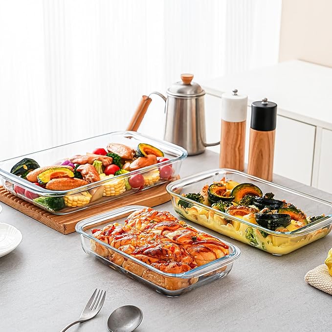 3 Pack High Borosilicate Glass Baking Dishes for Oven,(2.3QT,1.6qt,1.0QT),Rectangular Bakeware Sets,Deep Glass Casserole Dishes with Handle for Microwave,Oven,Baking,Meal Preparation - Image 7