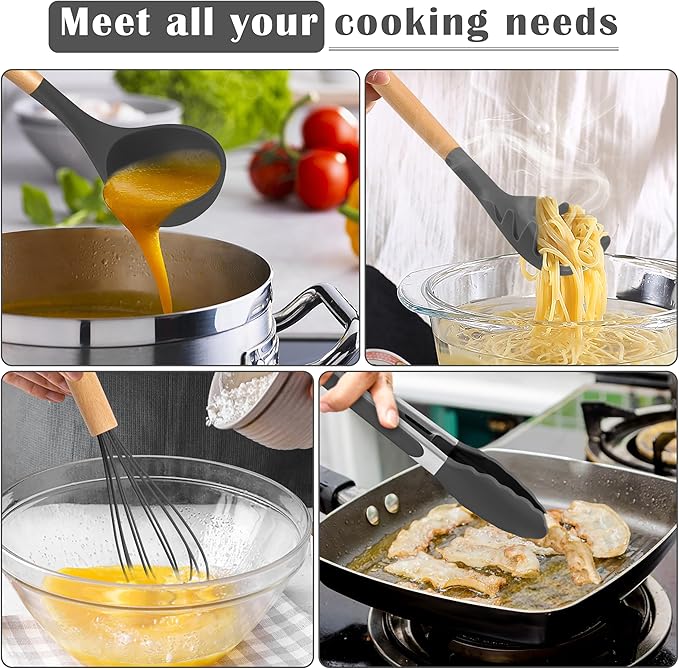 E-far Gray Silicone Cooking Utensils Set, 10-Piece Kitchen Utensils Set with Wooden Handle for Nonstick Cookware, Heat Resistant Kitchen Nonstick Tools Spatula Whisk Tongs Ladle, Non-toxic & Healthy - Image 5