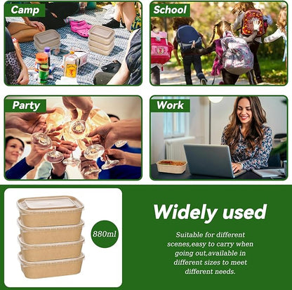 50-Pack 29oz Disposable Kraft Paper Bowls【with Lids and Forks】,Meal Prep Containers Disposable Togo Food Deli Containers for Restaurant Supplies Take Out Containers, Microwave Safe for Hot/Cold Food