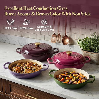 Vintage Style 3 Quart Enameled Cast Iron Braiser, Non Stick Enameled Cast Iron Skillet with Lid, Dutch Oven Skillet with lid up to 500°F for Oven, Stove, Grill, Shallow Dutch Oven for Cook, Bake (Fig) - Image 2