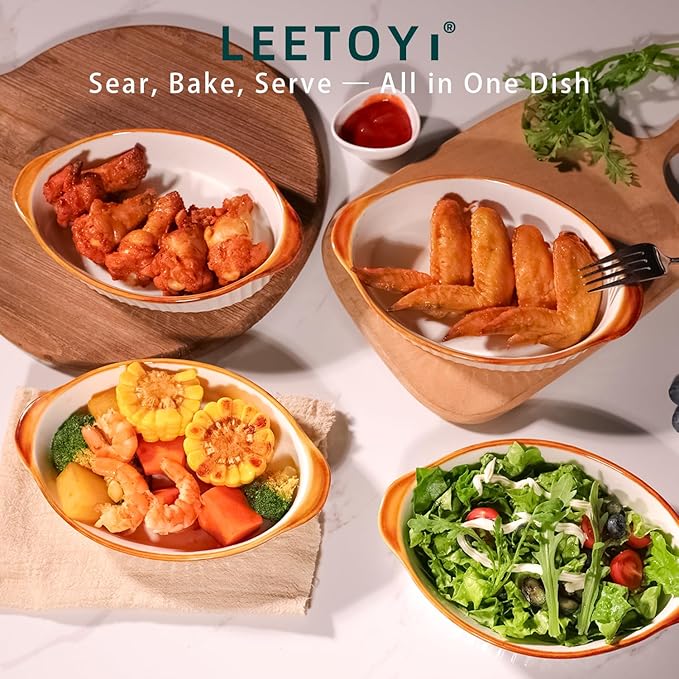 LEETOYI Porcelain Small Oval Au Gratin Pans, Baking Dish Set for 1 or 2 person servings, Bakeware with Double Handle for Kitchen and Home, Set of 2 (White/Brown) - Image 6
