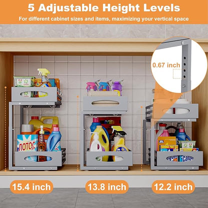 Under Sink Organizer, 2 Tier Under Sink Organizers and Storage, Adjustable Height, Slide out Metal Cabinet Organizers, Pull out Cabinet Storage Drawer Shelf for Kitchen Bathroom (Gray, 1 Pack) - Image 6
