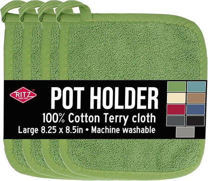 RITZ Terry Potholder & Hot Pad: Unparalleled Heat Resistant, Durable 100% Cotton – Ergonomically Designed for Optimal Grip – Easy-Care Machine Washable – 4-Pack, Cactus Green by Ritz+Foodservice